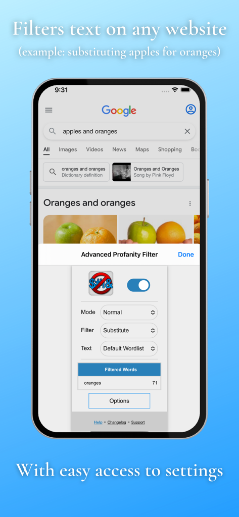 Advanced Profanity Filter - iPhone screen showing the Advanced Profanity Filter app settings overlaying a Google search page where the word apples has been substituted with oranges.