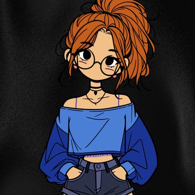girl with a messy ponytail glasses a baggy crop top and jean shorts