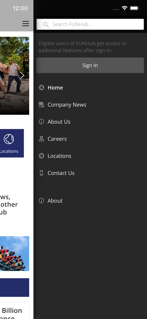 The FUNHub - Side navigation menu of The FUNHub app showing links for company news careers and locations