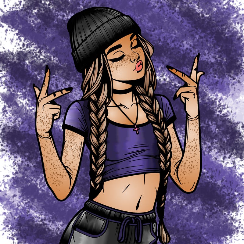 realistic teenage girl with braids and a beanie and crop top doing 🫶🏼