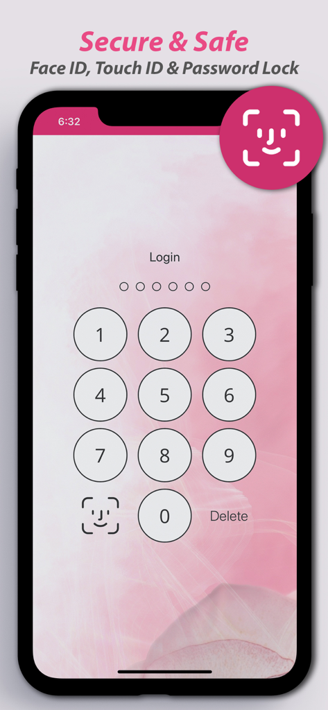 Face ID 및 암호 옵션이 있는 생리 추적기 앱의 보안 로그인 화면