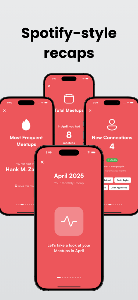 Meetlist: Meetup Tracker - Telas de resumo mensal do aplicativo Meetlist exibindo estatísticas de interação social como total de encontros e novas conexões.