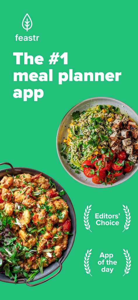 feastr meal planner app banner featuring healthy recipe bowls and App Store awards on a green background