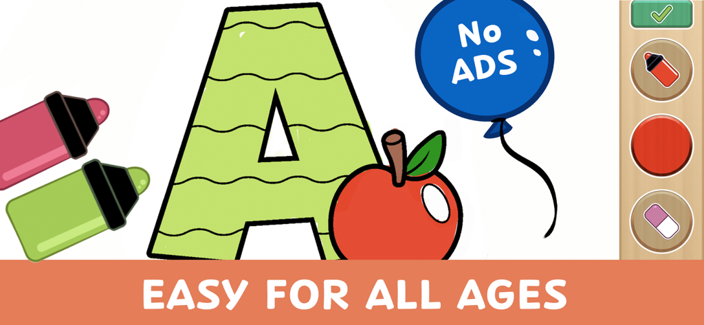 Kids coloring app interface showing the letter A, an apple, and a no-ads badge with easy drawing tools