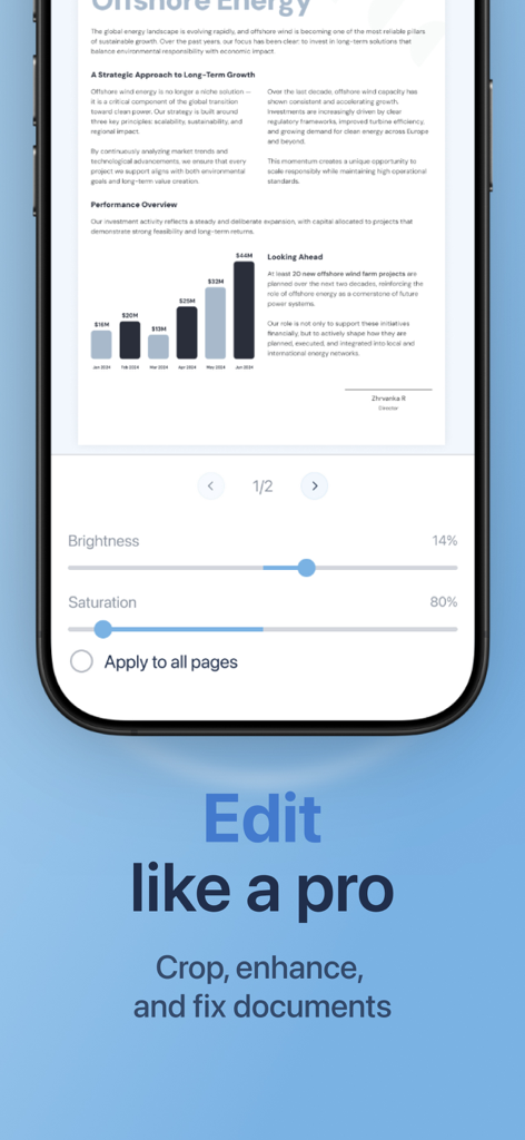 Scanner : PDF Scanner. - A screenshot of the PDF Scanner app interface showing professional tools to edit, crop, and enhance scanned documents with brightness and saturation sliders.