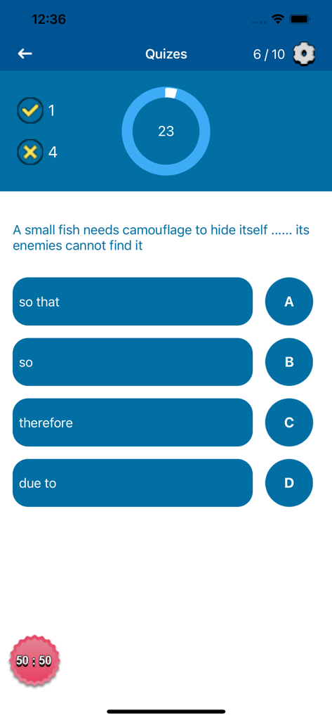 A multiple choice grammar quiz question screen within the Advance English Dictionary app showing options and a timer.