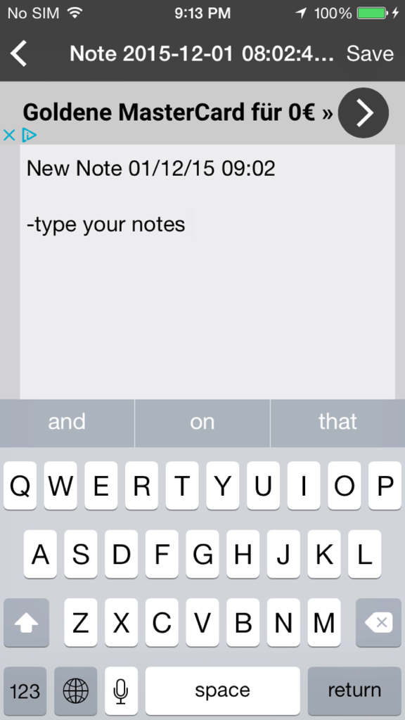 File Notes - Annotate - Mobile interface of File Notes app showing a text entry screen with the iPhone keyboard