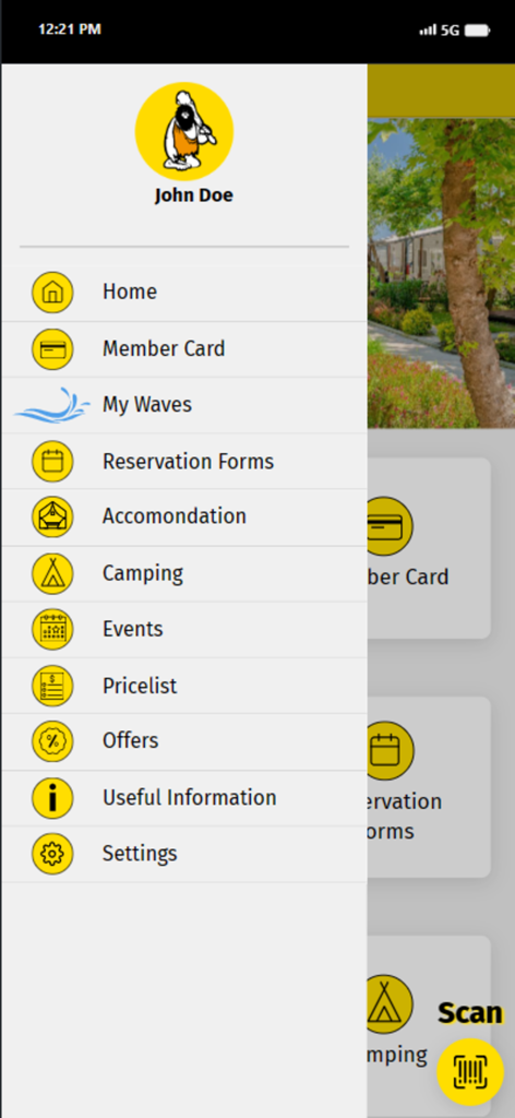 Armenistis - Menú de navegación de la app Armenistis que muestra opciones para formularios de reserva de tarjeta de miembro y alojamiento y eventos