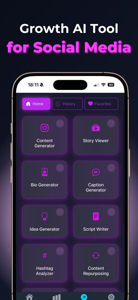 Follower Tracker: UnfollowGram - Panel de la aplicación móvil UnfollowGram mostrando varias herramientas de crecimiento de IA para la creación de contenido en redes sociales