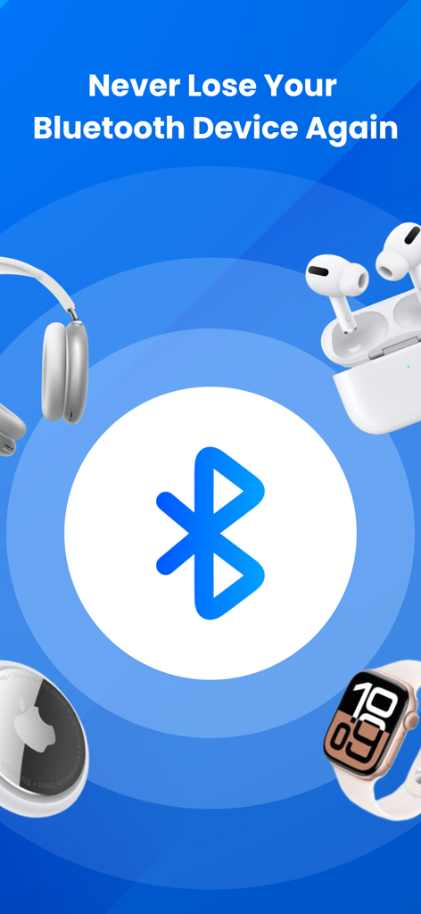 Spot Bluetooth Finder - Spot Bluetooth Finder App-Bildschirm mit Bluetooth-Logo und Geräten wie AirPods und Apple Watch