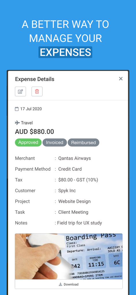 Avaza mobile app screen showing detailed travel expense tracking with an attached boarding pass receipt
