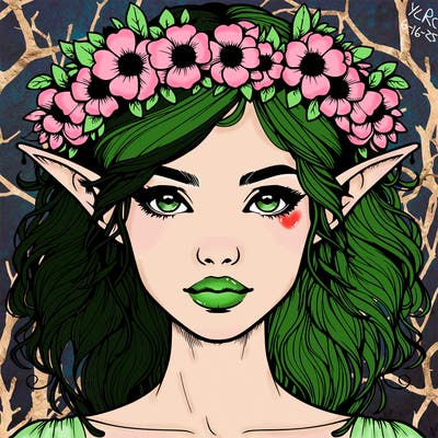 realistic female elf with flower crown