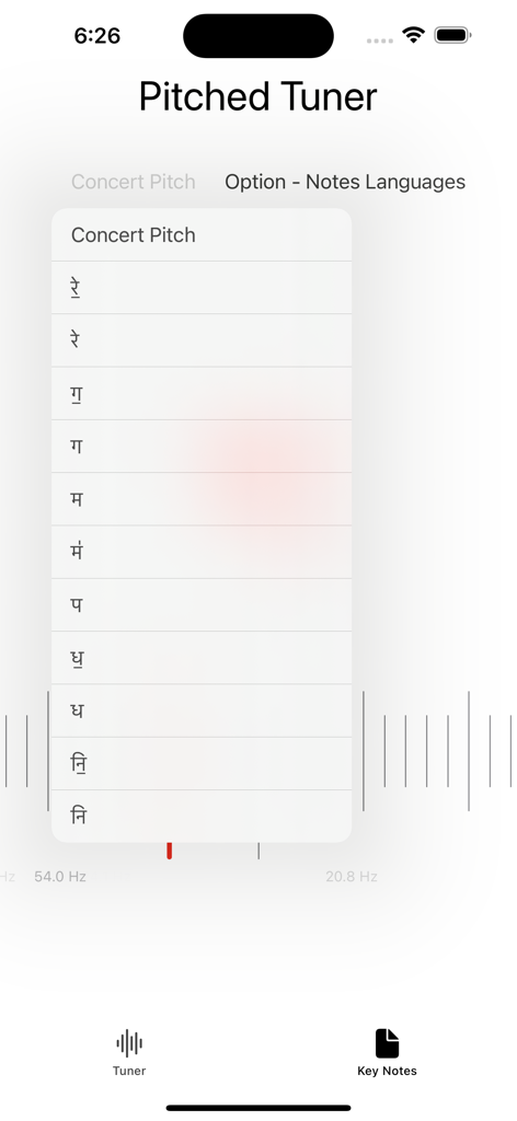 Pitched Tuner - Menú de la aplicación móvil Pitched Tuner que muestra notas musicales en idioma hindi
