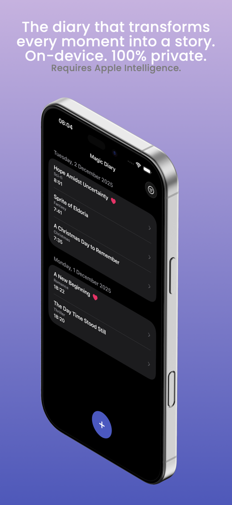 Interfaccia dell'app Magic Diary su un iPhone che mostra un elenco di storie private generate dall'IA categorizzate per genere