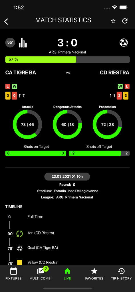 1x2LiveTip - Real-time soccer match statistics showing score possession and attacks on the 1x2LiveTip app