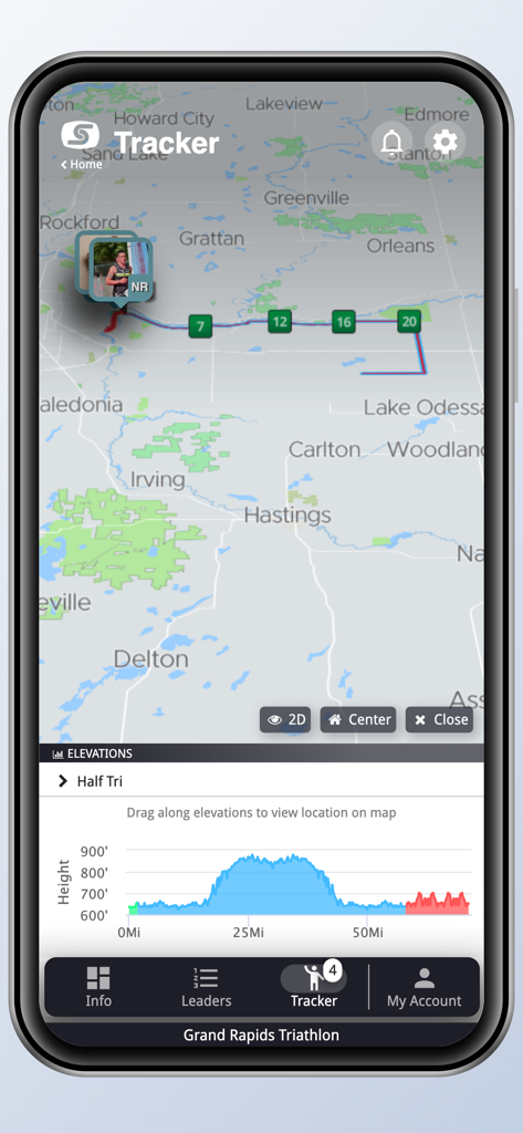 Live race tracking map and elevation profile for a triathlon on the Sportstats Tracker mobile app