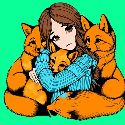 realistic, looking girl hugging, foxes