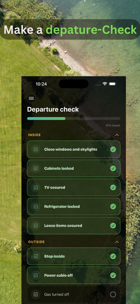 Caravan-Assistant: Wohnwagen - Lista de verificación de salida en la aplicación Caravan Assistant mostrando elementos para verificar dentro y fuera antes de conducir