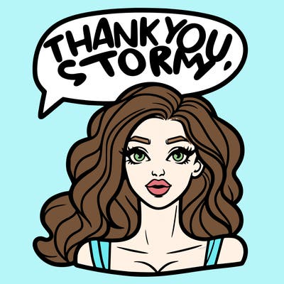 a word ballon that says "thank you, stormy" with a beautiful woman