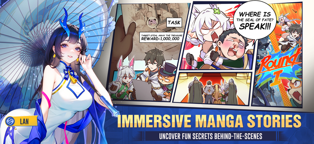 Seal of Fate - An anime girl with blue horns holding a parasol next to manga panels showing game characters and the text Immersive Manga Stories.