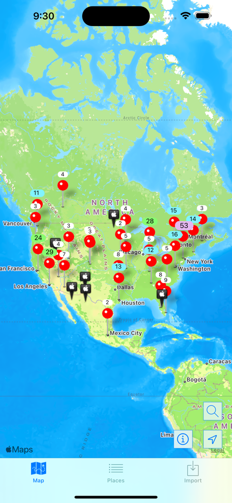 POIViewer - POIViewer map interface displaying multiple points of interest and clusters across North America.