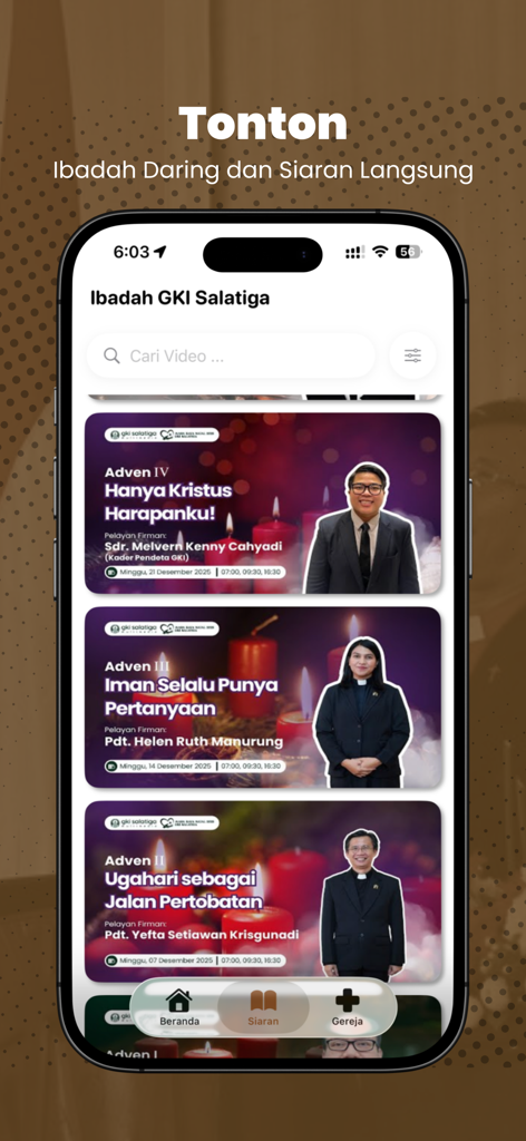 Interface of the GKI Salatiga Plus app showing available online sermon videos and live stream options.