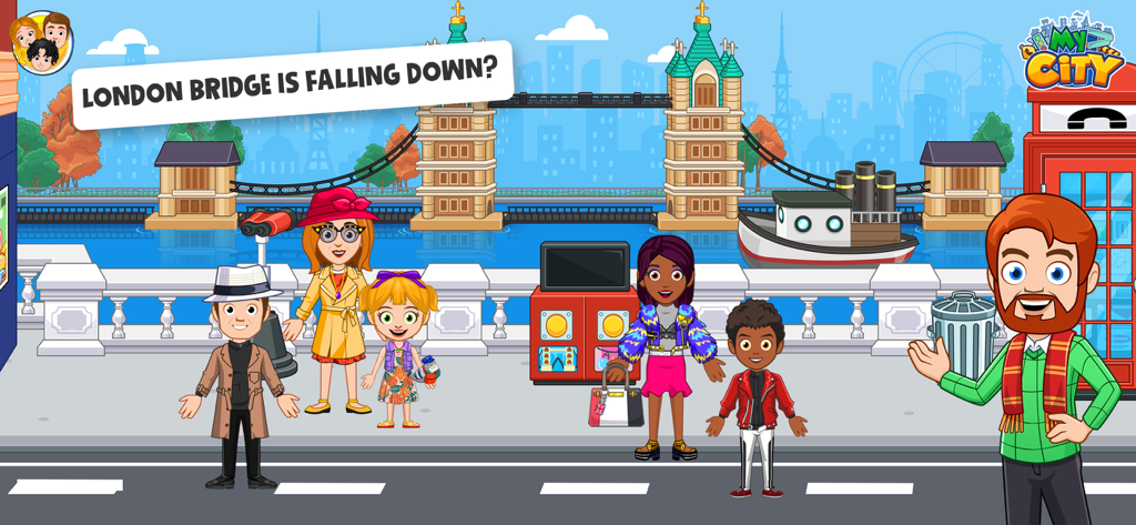 My City: London Trip Adventure - マイシティ・ロンドン・ゲームの、タワー・ブリッジを背景にしたロンドンの通りを探検するカートゥーンキャラクターたち
