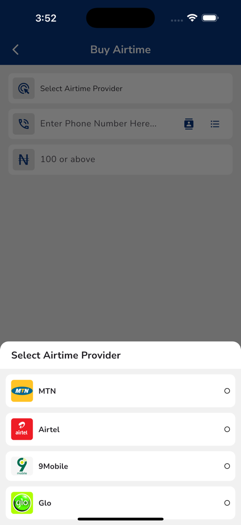 DW MFB - Mobile screen for purchasing airtime with a list of network providers