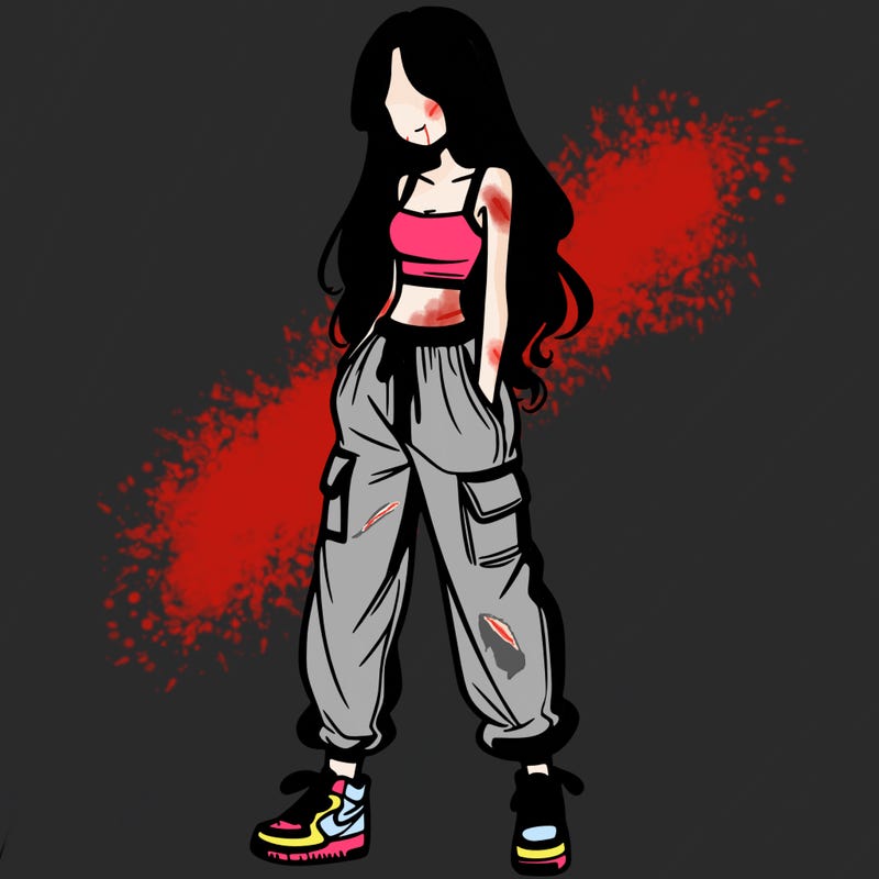 girl in baggy pants crop top and long hair