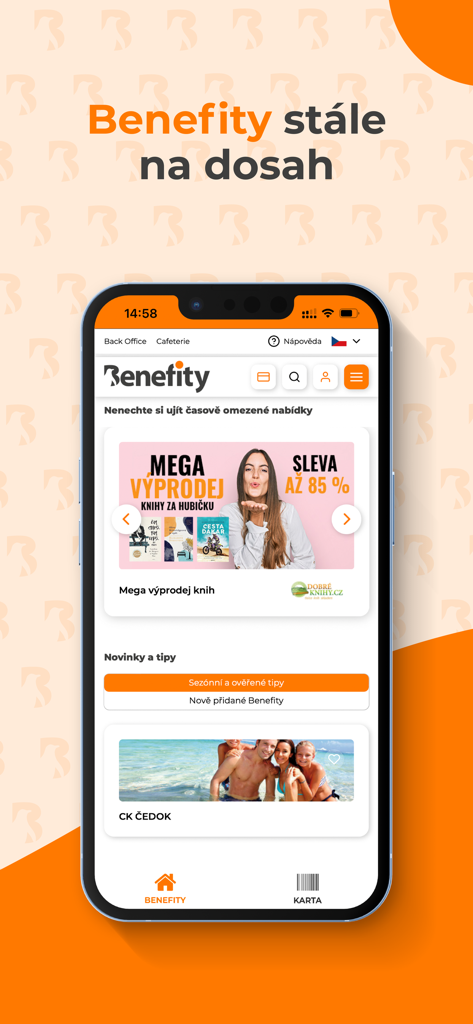 The home screen of the Benefity app featuring employee discounts on books and travel.