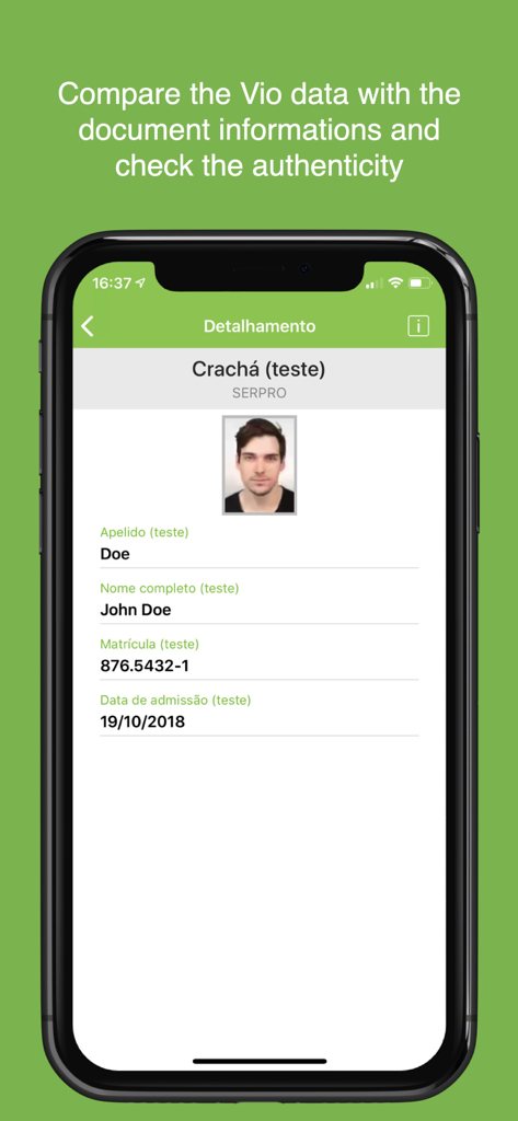 Vio app screen displaying verified personal data and photo for a test identification badge