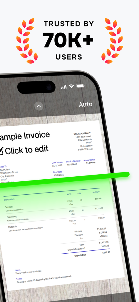 PDF Scanner. Scan Document. - iPhone画面にPDFスキャナーアプリが表示され、請求書をスキャンしています。緑色のスキャンラインと「70K以上のユーザーに信頼されている」バッジが表示されています。