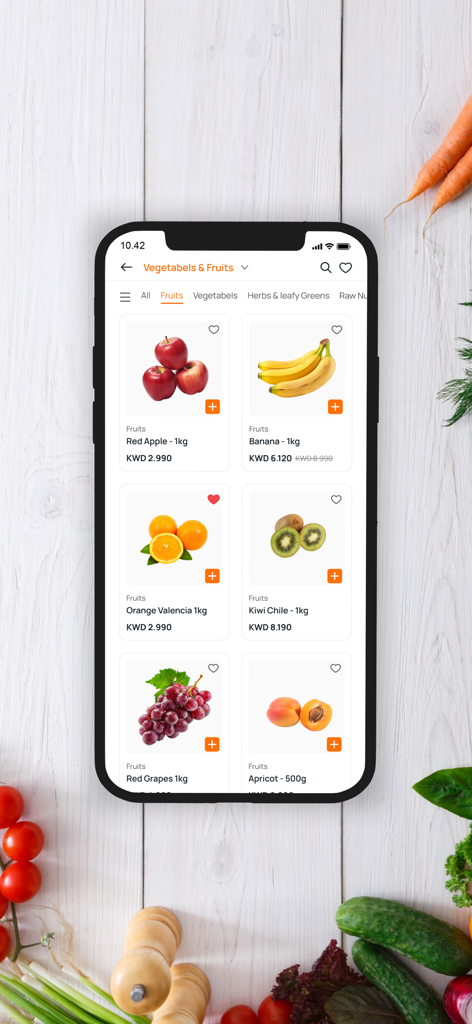 Karrot App - Karrot app interface displaying a selection of fresh fruits and vegetables for delivery