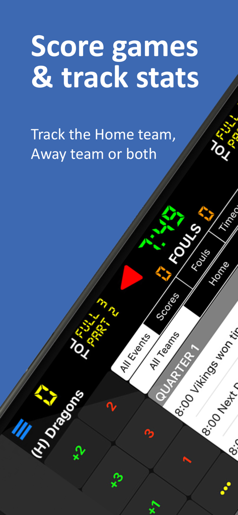 Basketball scorebook app interface showing game clock and scoring buttons