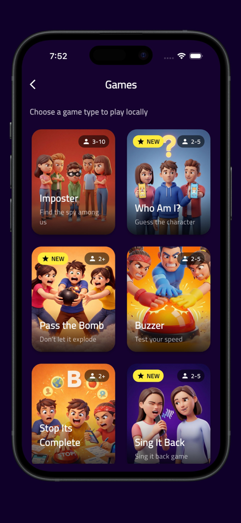 Buzzy Party: Spy الجاسوس - インポスターやブザーを含む複数のパーティーゲームモードを表示するモバイルアプリインターフェース。