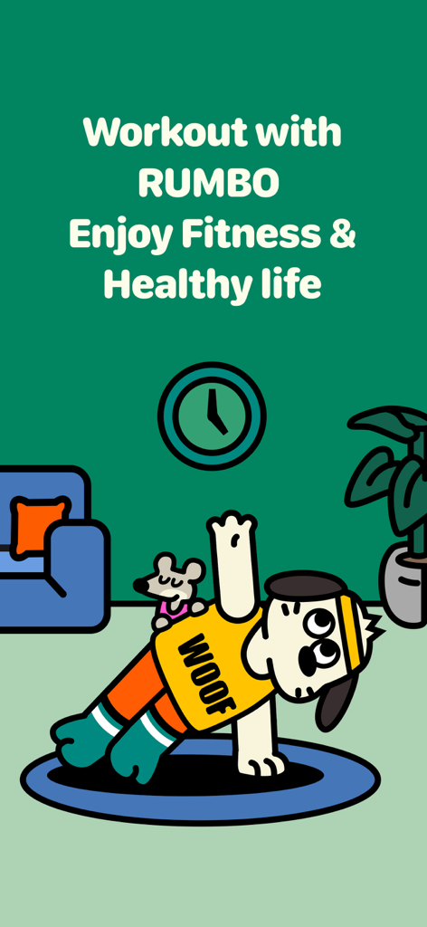 Rumbo Fitness - Cartoon dog character Rumbo doing a side plank exercise in a home setting