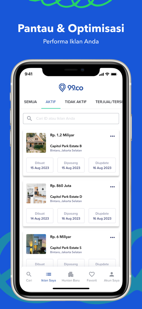 99.co Indonesia - 99.co Indonesia mobile app showing a user's property listings with management features for tracking ad performance