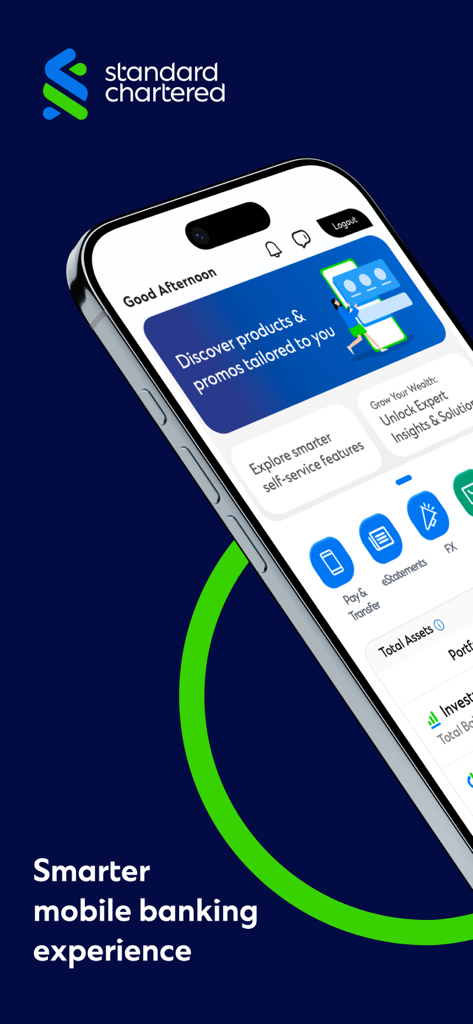 Standard Chartered Singapore mobile banking app interface showing wealth management and transfer features
