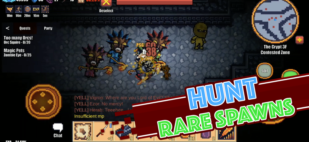 Pixel Knights Online - MMORPG - Pixel Knights Online gameplay showing 2D pixel art combat in a dungeon with Hunt Rare Spawns text