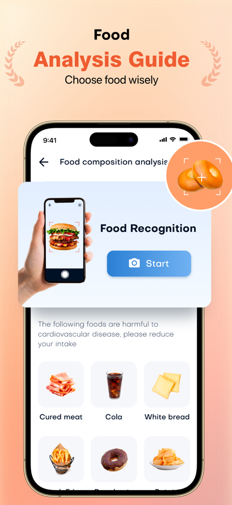 PulsePro app interface showing the Food Recognition feature and a guide for choosing heart-healthy foods.