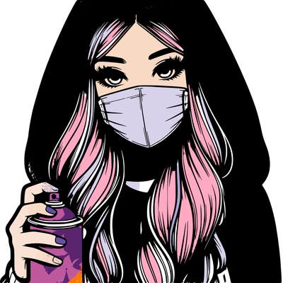 girl wearing a mask with long hair with her hood up spray-painting realistic