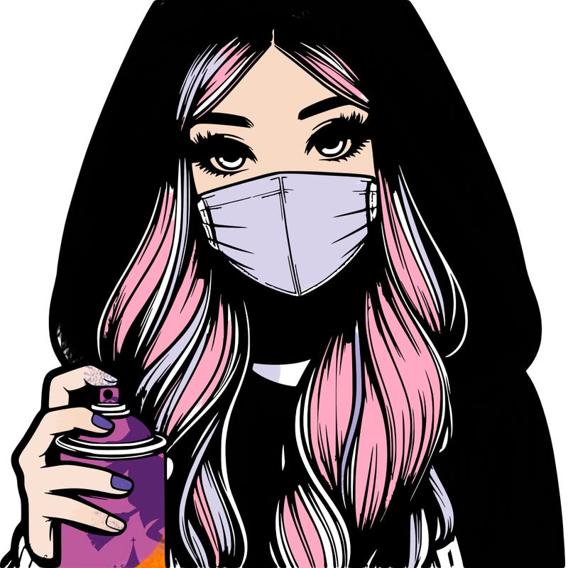 girl wearing a mask with long hair with her hood up spray-painting realistic
