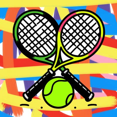 tennis racket crossed and in the middle of tennis ball