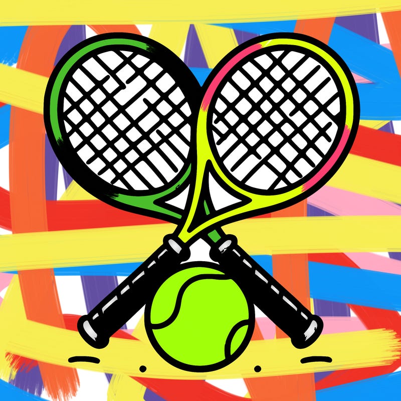 tennis racket crossed and in the middle of tennis ball