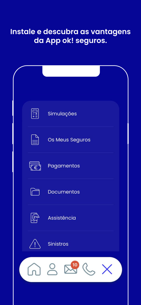Um display de smartphone mostrando o menu principal do aplicativo ok! seguros com opções para simulações de seguro, gerenciamento de apólices, pagamentos e assistência em sinistros