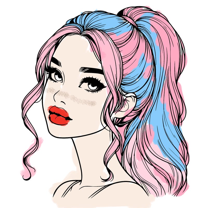 realistic girl with a ponytail on her hair and lips