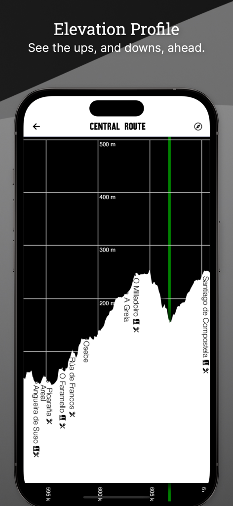 Elevation profile chart showing the terrain and height changes for the Central Route to Santiago de Compostela.