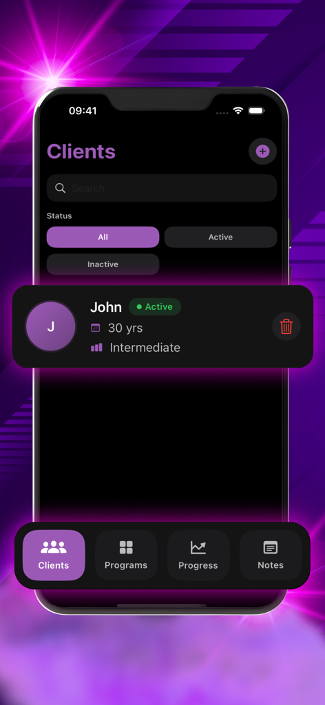 Prize Sport Helper - Prize Sport Helper app interface showing a client list with a profile for an active client named John.