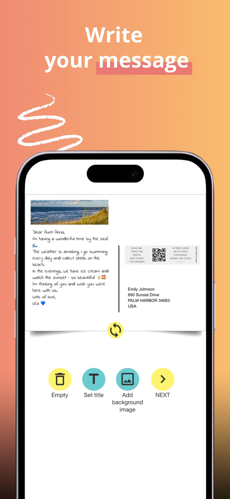 SimplyCards - custom postcard - SimplyCards app interface showing a digital postcard back where a user can write a personal message and enter the recipient address.
