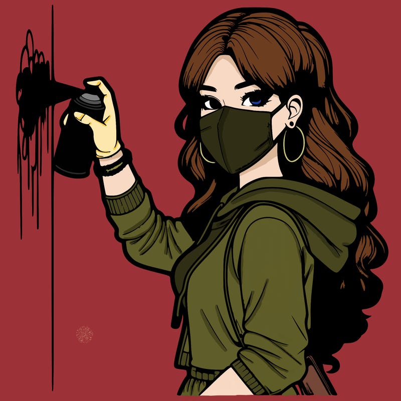 realistic girl with mask spray painting a wall